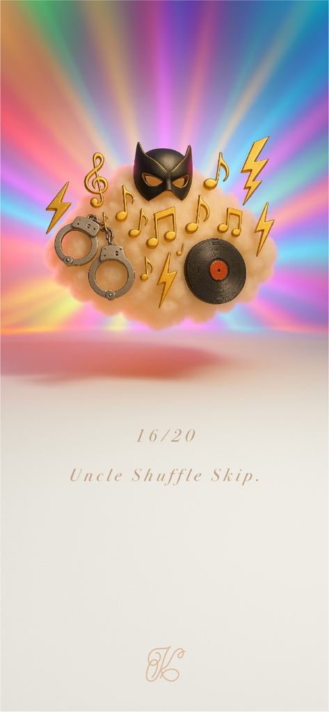 DreamScape: Compass Walls - Surreal illustration featuring a mask, music notes, handcuffs, and a vinyl record on a cloud