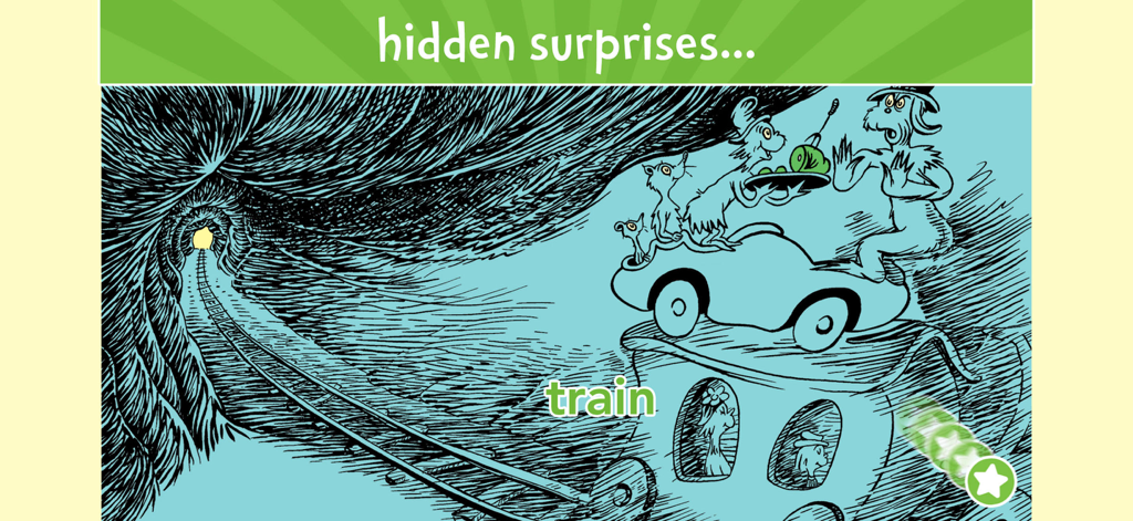 Aprendizaje de vocabulario interactivo en la escena del tren de la aplicación Huevos verdes con jamón.