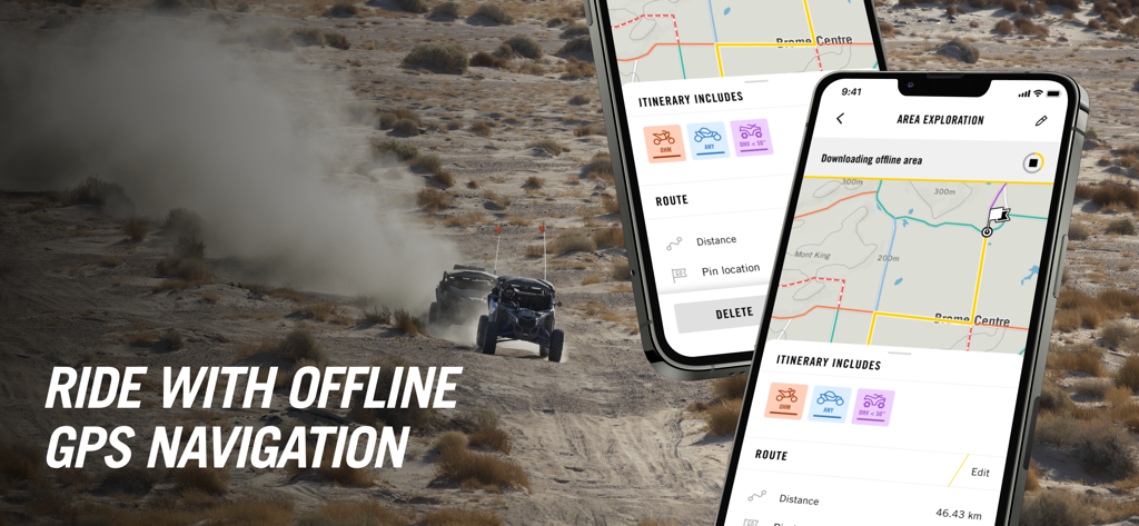 BRP GO!: Maps & Navigation - BRP GO app interface for offline GPS navigation on off-road trails