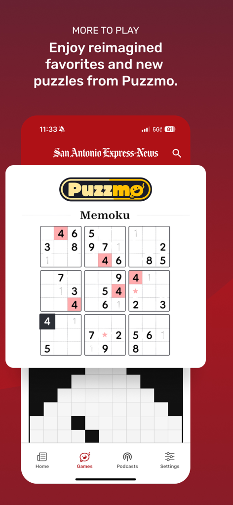 San Antonio Express-News - La interfaz de la aplicación San Antonio Express-News que muestra un juego de rompecabezas de Puzzmo llamado Memoku.