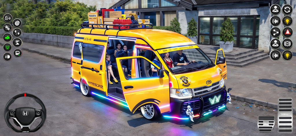 Dubai Van Simulator Games 3D - Una furgoneta amarilla personalizada con luces de neón y carga en el techo en un juego de simulación de conducción en 3D