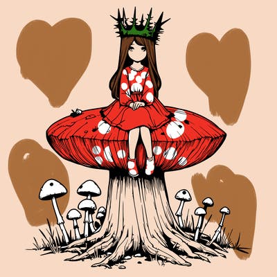 realistic girl sitting on a huge tree stump size toadstool with thorn crown