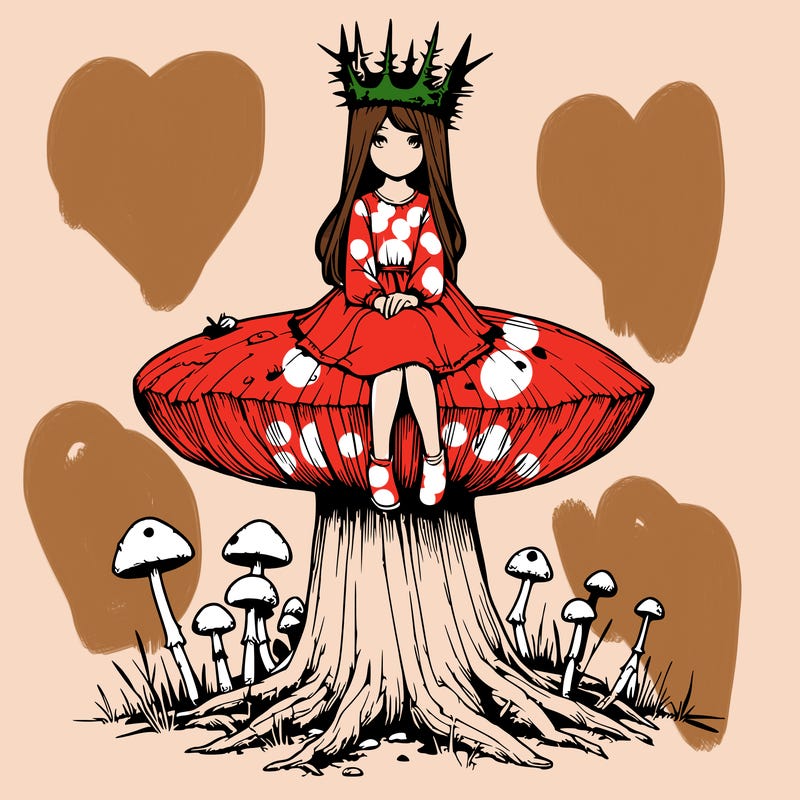 realistic girl sitting on a huge tree stump size toadstool with thorn crown