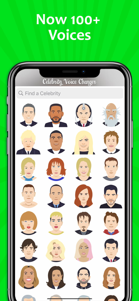 A mobile screenshot showing a grid of celebrity avatars and a search bar to choose from over 100 voices.