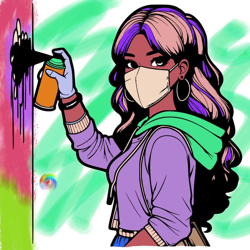 realistic girl with mask spray painting a wall