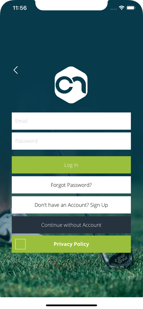 Clubnet app login screen with fields for email and password on a golf course background