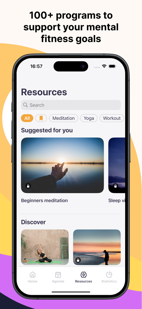Remente: Self Care & Wellbeing - Smartphone screen showing Remente app resource library with meditation and yoga programs for mental fitness goals