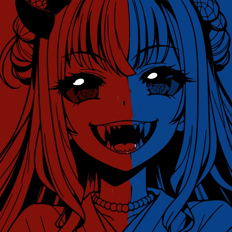 anime girl, vampire teeth,demon slayer themed, evil smile