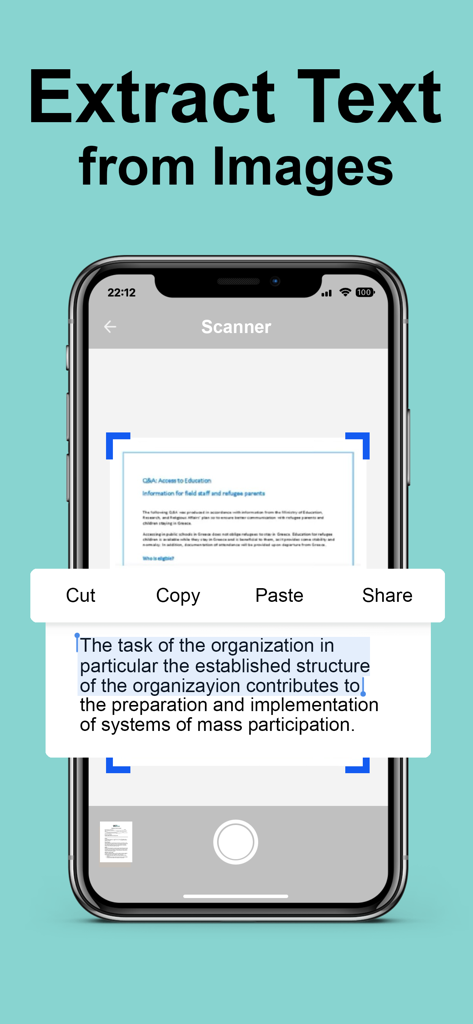 True Scanner app demonstrating OCR text extraction from a scanned document