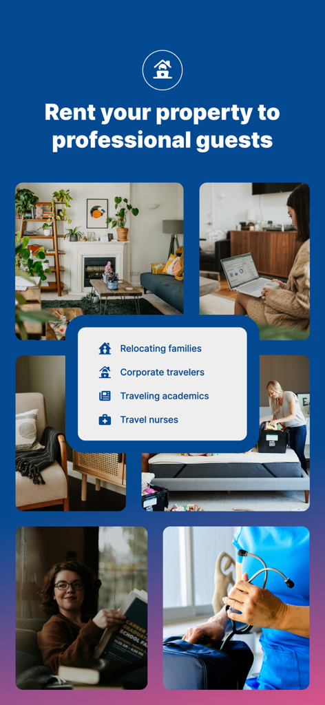Furnished Finder App-Bildschirm, der Kategorien für professionelle Gäste anzeigt, einschließlich Pflegefachkräfte auf Reisen und Geschäftsreisende für mittelfristige Mietobjekte.