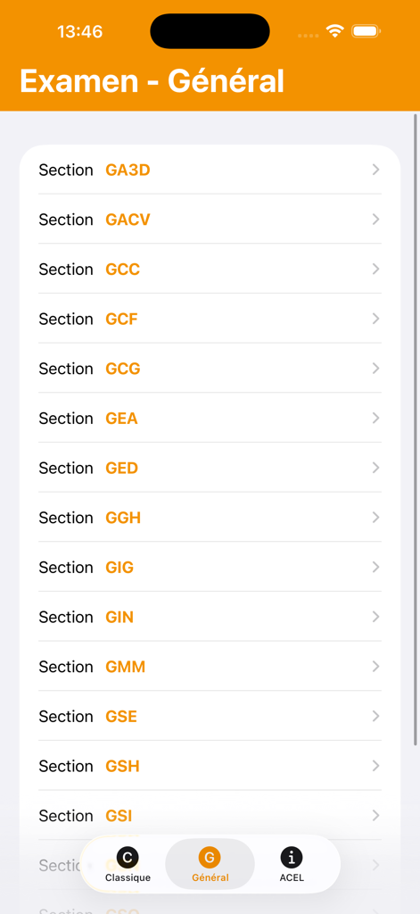 Liste des sections d'examen du secondaire dans l'application mobile PREMIERE.LU.