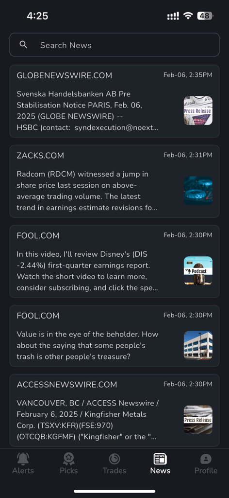 Echtzeit-Finanz- und Forex-Newsfeed auf der Benutzeroberfläche der FxFox-App