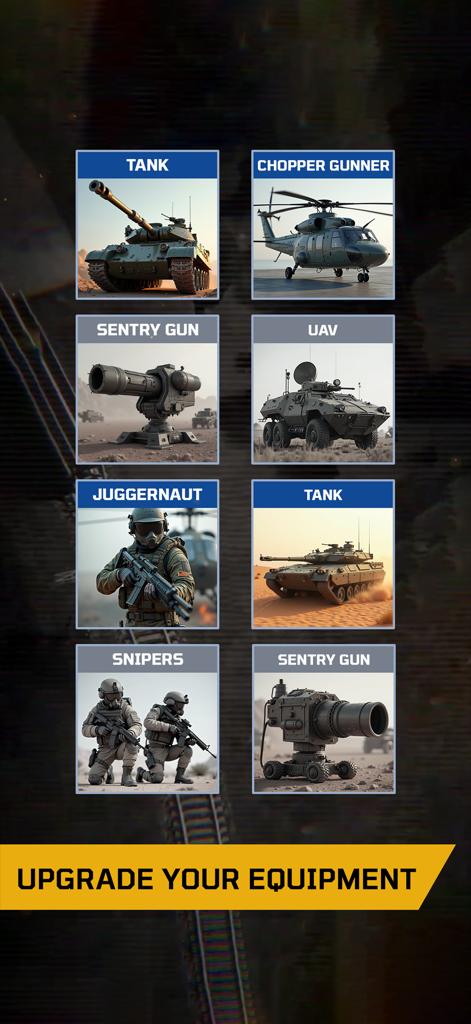Air Commander: AC-130 Shooter - Un menú que muestra varias mejoras de unidades militares, incluidos tanques, helicópteros y torretas de defensa para Air Commander.