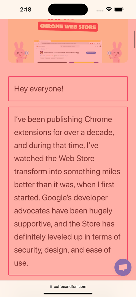 Una schermata di un post sul blog che mostra l'app Helperbird sul Chrome Web Store con un messaggio personale dello sviluppatore sull'evoluzione dello store.