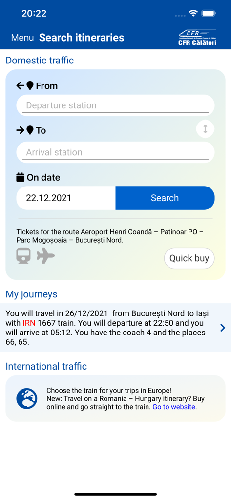 CFR Calatoriモバイルアプリでの鉄道旅程検索画面、出発地と到着地のフィールドが表示されています