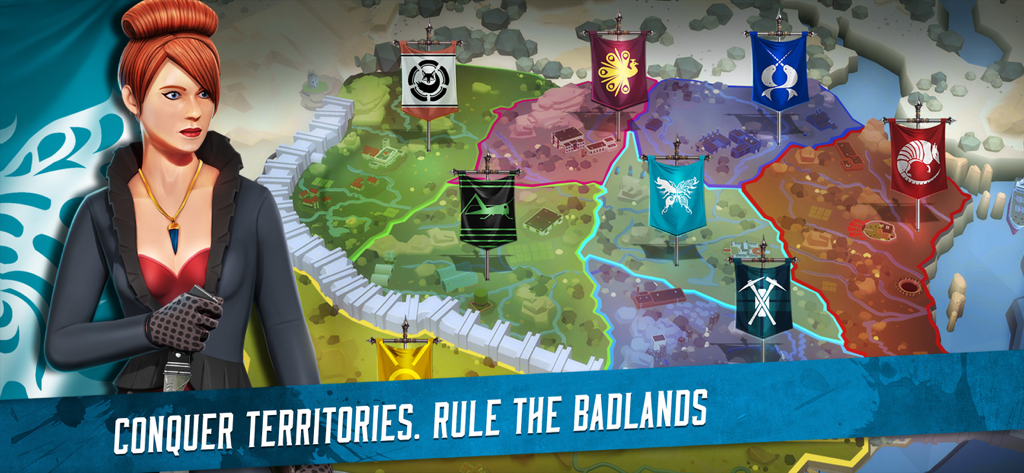 Die Figur The Widow und eine strategische Karte zur Gebietseroberung in Badlands Champions
