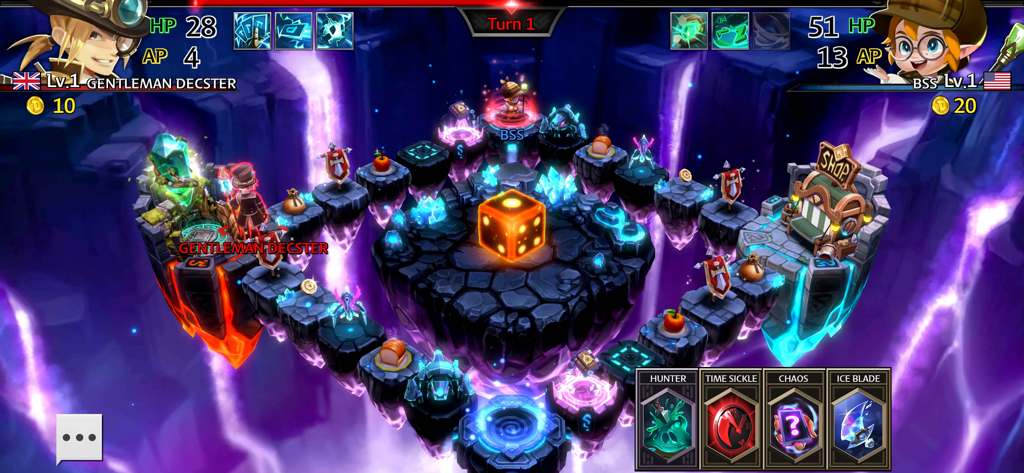 A real-time 1vs1 strategic board battle in Dicast Rules of Chaos featuring a glowing orange die and floating tiles.