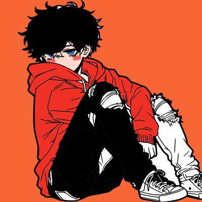 a male hoddie ripped jeans messy hair anime