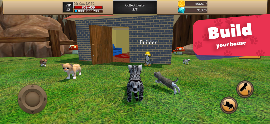 Cat Simulator 3D - Animal Life - Several cats playing in a grassy yard next to a brick house with a builder kitten wearing a yellow hard hat