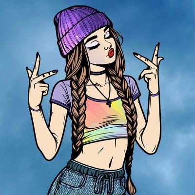 realistic teenage girl with braids and a beanie and crop top doing 🫶🏼