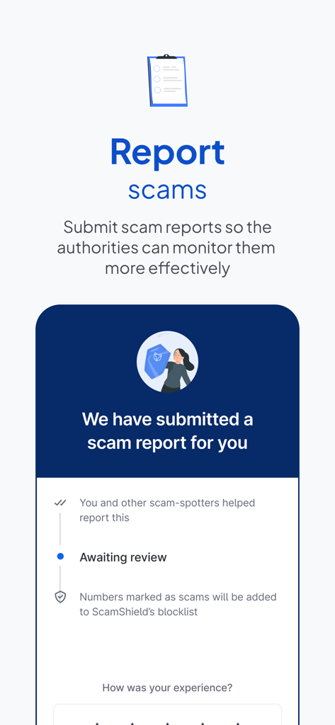 ScamShield - 스캠쉴드 앱 인터페이스에서 사기를 신고하고 커뮤니티 보호를 위한 신고 상태를 추적하는 방법 표시