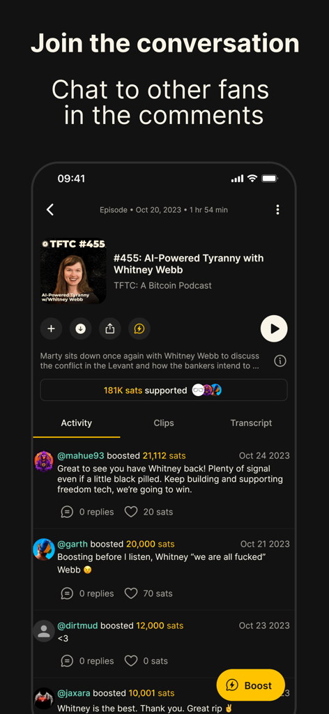 Fountain: Podcast Player - Captura de pantalla de la aplicación Fountain mostrando comentarios sociales y boosts de creadores en un episodio de podcast