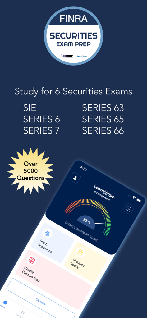 SIE, Series 6,7,63,65,66 Exam - FINRA Securities Exam Prep app dashboard showing readiness score and practice test options