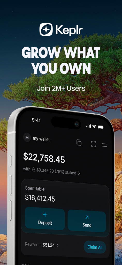 Keplr - Crypto Wallet - Keplr Crypto Walletのモバイルアプリインターフェース。ポートフォリオ残高とステーキング報酬が表示されています。