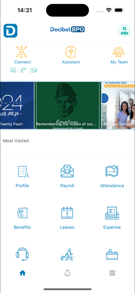 Decibel HRMS - Decibel HRMS mobile app home screen showing dashboard icons for payroll attendance leave and expense management