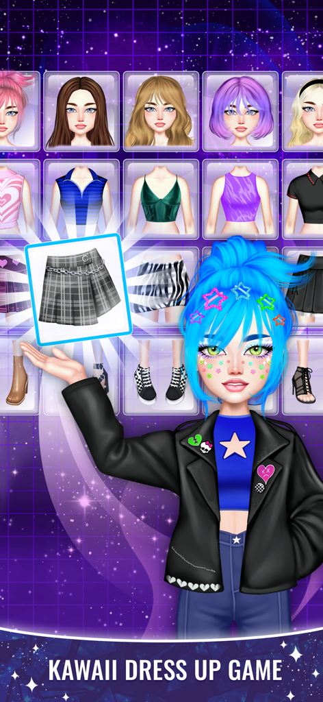 Forever Girls: Avatar Dress Up - Una colorida pantalla de personalización de personajes en un juego de disfraces de avatar kawaii que muestra varios atuendos y peinados