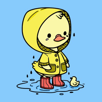baby duck in a rain coat and boots, in a puddle while it’s raining