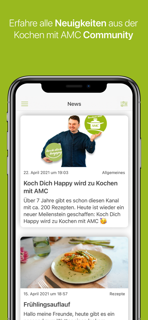 Kochen mit AMC - Mobile App-Oberfläche von Kochen mit AMC zeigt einen Newsfeed mit Community-Updates und gesunden Rezepten