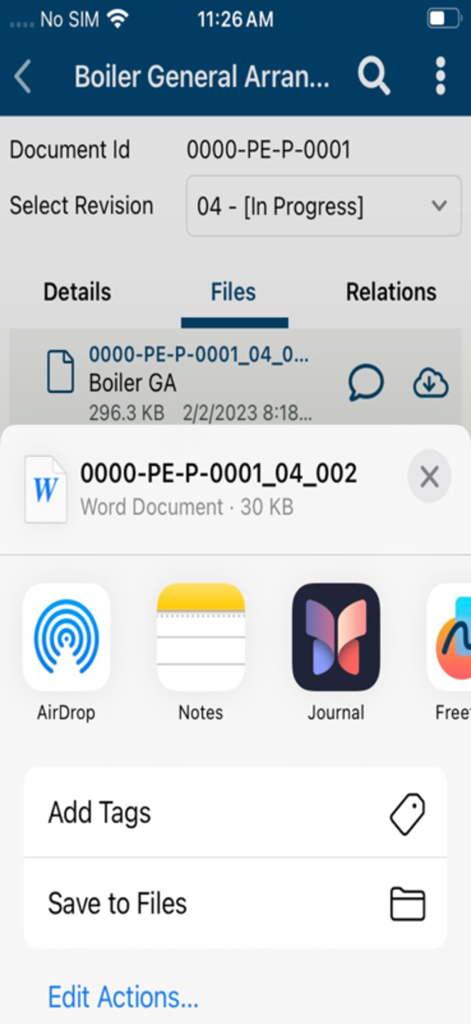 Proarc OnPrem 7.5 - Proarc OnPrem mobile app displaying technical document details and iOS sharing options for an engineering project file.