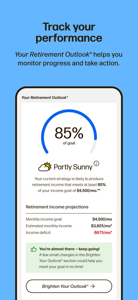 Transamerica Retirement App - Transamerica Retirement App screen showing retirement income projections and a progress ring at 85 percent of the goal with a partly sunny outlook.