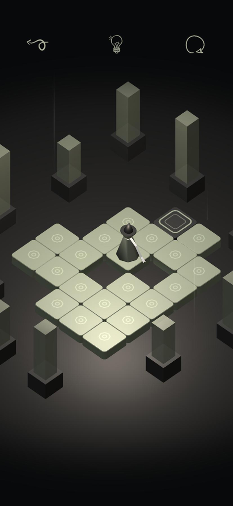 Spellbound Valley - A little wizard character standing on an isometric tile path in a dark minimalist puzzle level.