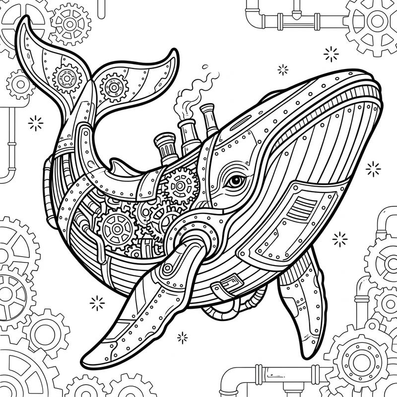 Embark on an extraordinary coloring journey with this unique steampunk whale design. This intricate marine mammal is adorned with gears, pipes, and Victorian-era mechanics, offering a captivating challenge for artists of all ages.