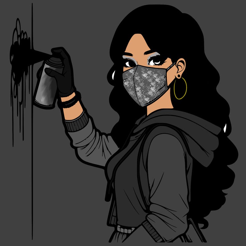 realistic girl with mask spray painting a wall