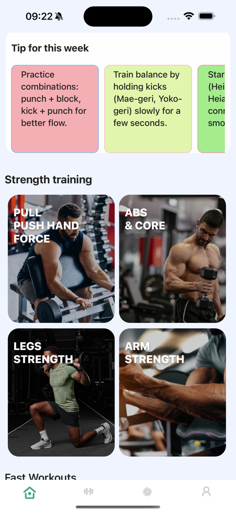 Learn Karate Mastery At Home - The Learn Karate Mastery At Home app screen displaying karate tips and specialized strength training categories