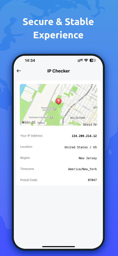 VPN Super -Fast & Secure - VPN Super app interface showing an IP checker with map and location details for a US server in New Jersey