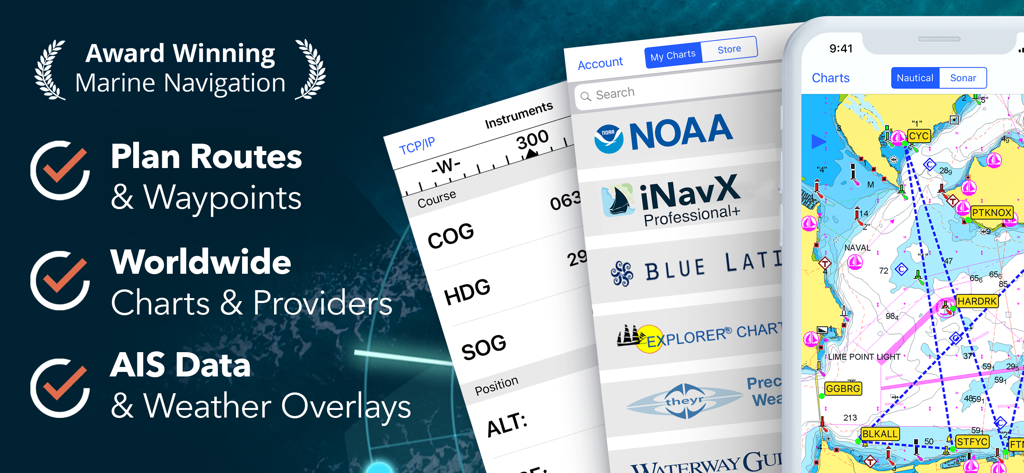 Interface of iNavX marine navigation app showing route planning worldwide charts and AIS data