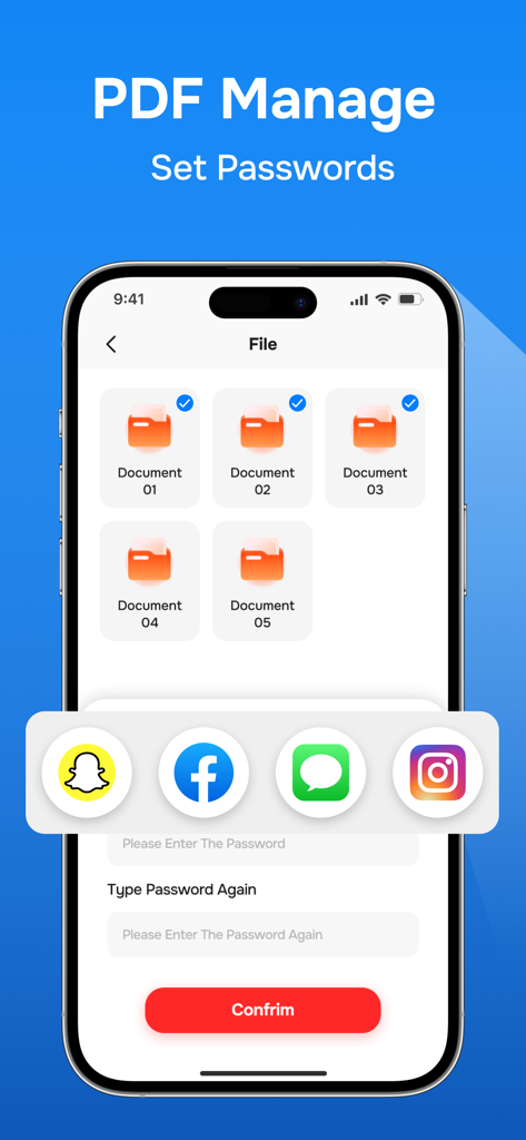 Smart Scanner: Scan Document - A smartphone interface showing document management features and options to set passwords for PDF files.