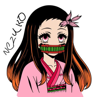 nezuko anime girl with bamboo muzzle and black hair with dyed ends