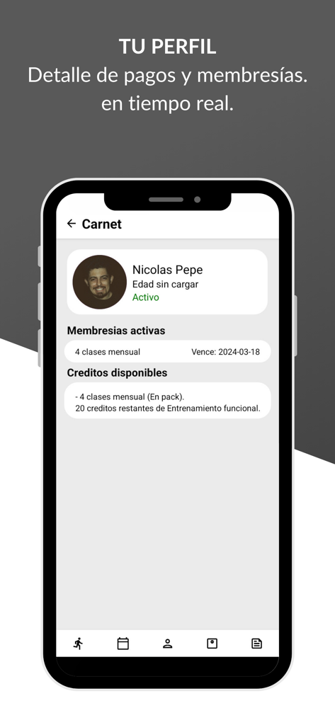 SportManager 2.0 - User profile screen of SportManager 2.0 showing active membership status and available training credits