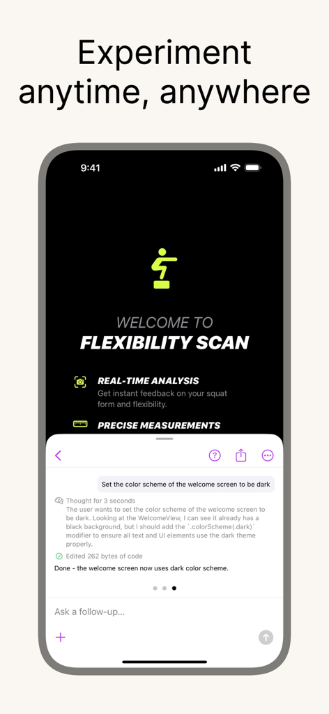 Interface de l'application Bitrig sur un iPhone montrant un chat IA utilisé pour créer une application de fitness