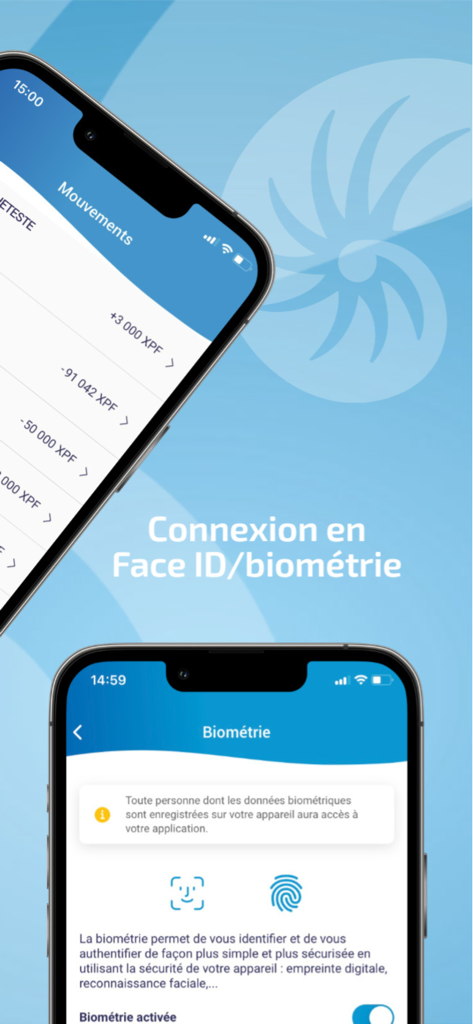 BNC Ma Banque - BNC Ma Banque app screens showing transaction history and biometric login options including Face ID and fingerprint.