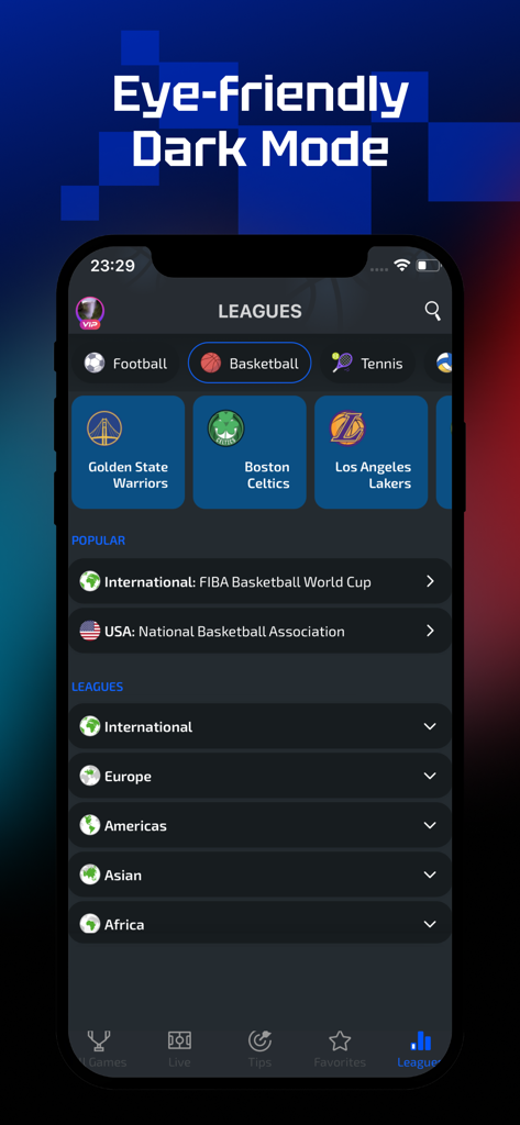 AiScore - Live Sports Scores - AiScore sports app interface in dark mode showing the leagues tab with basketball teams and international categories
