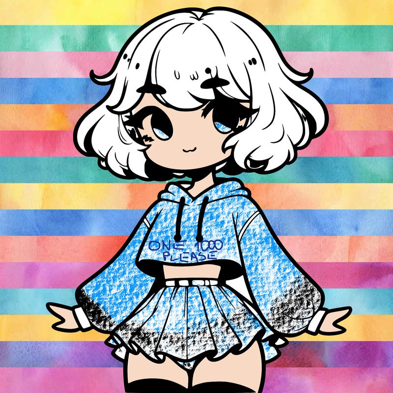 cute femboy with short, fluffy hair that softly frames their face, wearing a cropped hoodie, paired with a flouncy short skirt, and thigh-high stockings