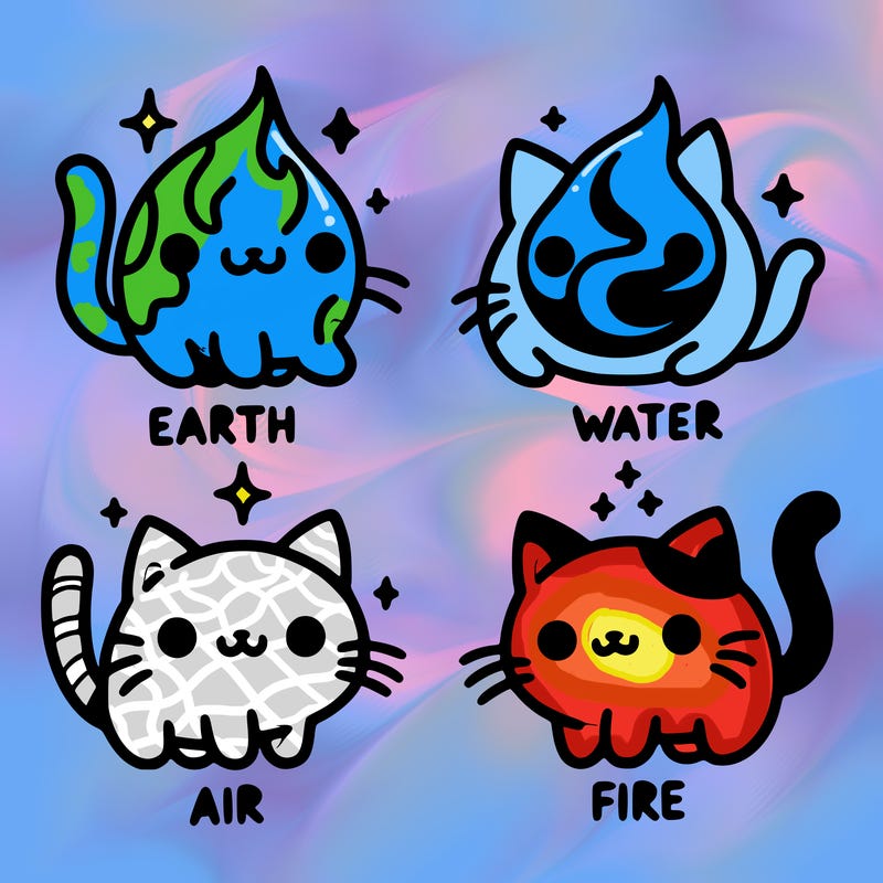 4 cats that represent the different elements, earth, water, air, and fire