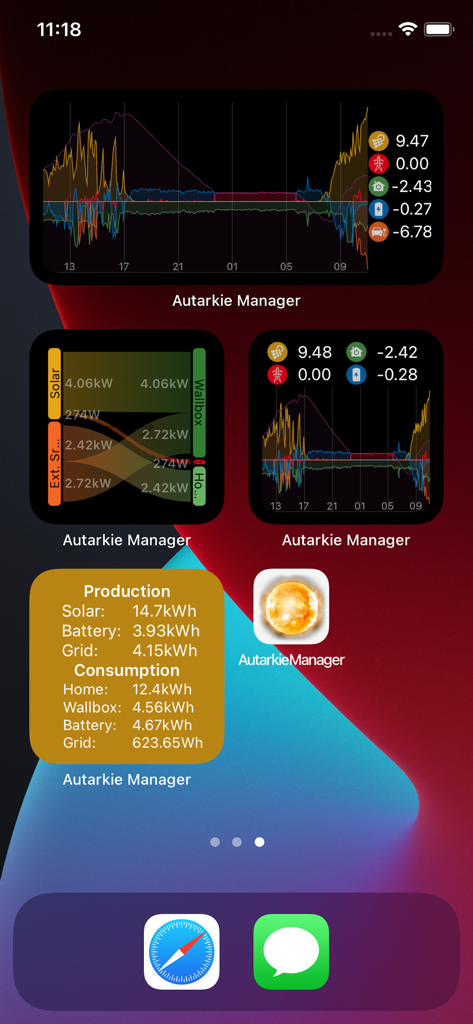 Autarkie Manager - iOS home screen showing Autarkie Manager widgets with solar energy production and consumption data visualizations