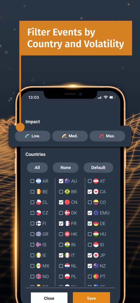 Écran de l'application FXStreet montrant les filtres du calendrier économique pour l'impact de la volatilité et la sélection du pays